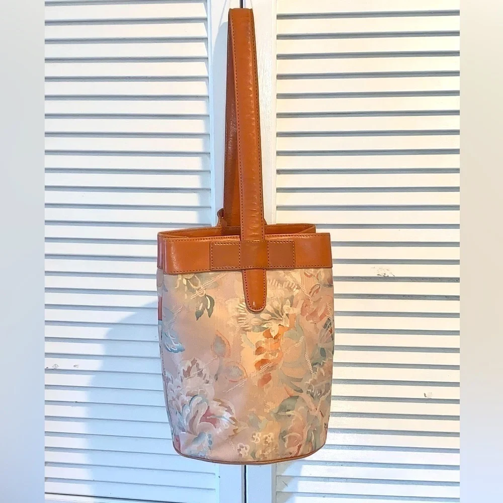Perry Ellis vintage floral canvas bucket purse with leather trim